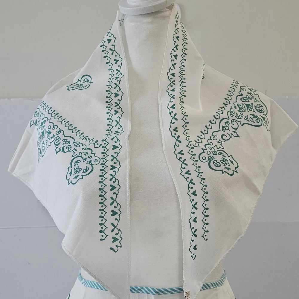 VTG Cotton Kitchen Apron & Bandana Set Blue Green Teal Swirled Design Pattern. - Picture 4 of 16
